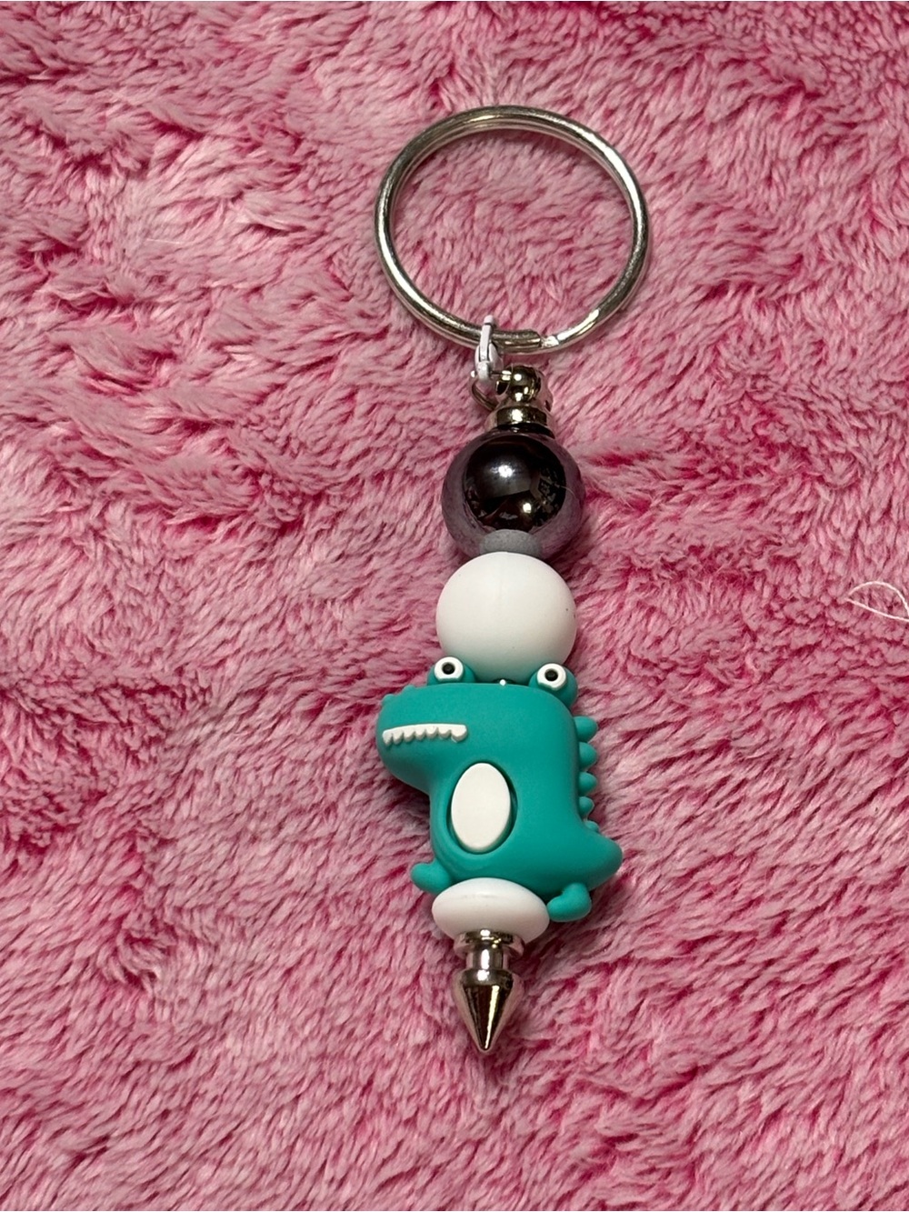 Teal Gator/Dinosaur Keychain Charm with White Beads